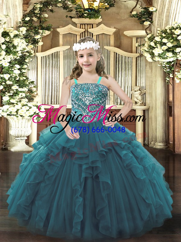 wholesale stylish floor length lace up child pageant dress teal for quinceanera with beading and ruffles