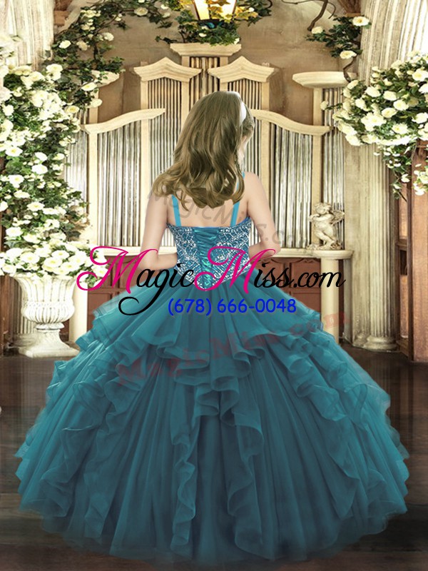 wholesale stylish floor length lace up child pageant dress teal for quinceanera with beading and ruffles