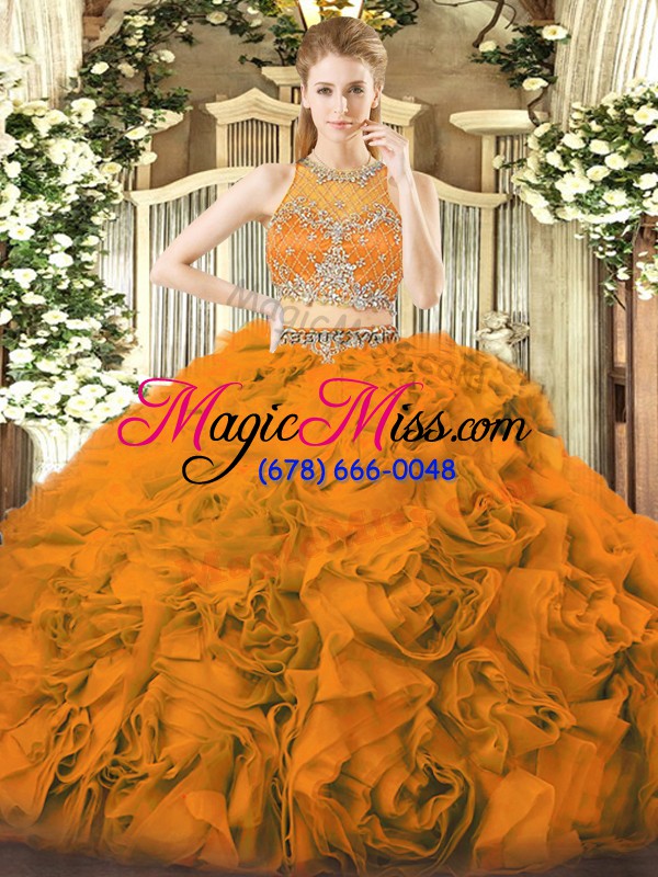 wholesale fabric with rolling flowers scoop sleeveless zipper beading quinceanera gowns in orange red