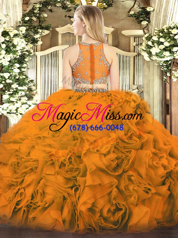 wholesale fabric with rolling flowers scoop sleeveless zipper beading quinceanera gowns in orange red