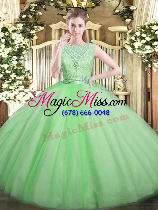 wholesale flirting apple green ball gowns tulle scoop sleeveless lace floor length backless vestidos de quinceanera