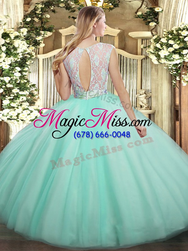 wholesale flirting apple green ball gowns tulle scoop sleeveless lace floor length backless vestidos de quinceanera