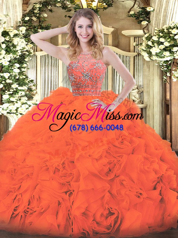 wholesale wonderful orange red tulle zipper halter top sleeveless floor length 15 quinceanera dress beading and ruffles