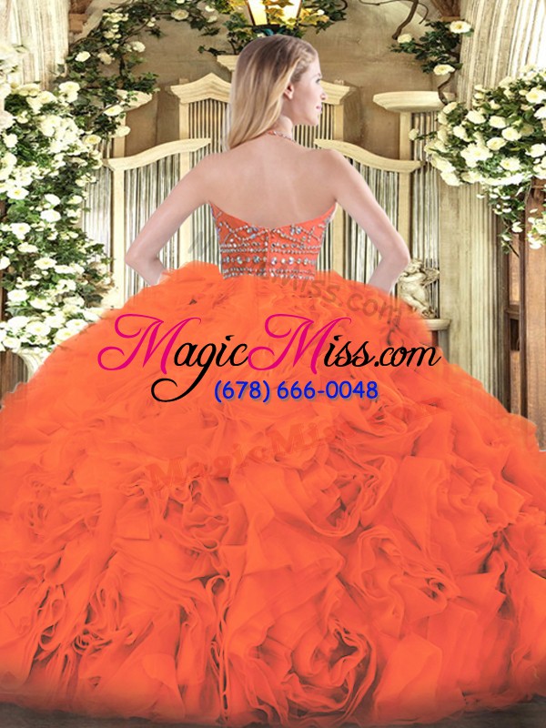 wholesale wonderful orange red tulle zipper halter top sleeveless floor length 15 quinceanera dress beading and ruffles