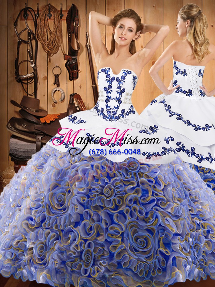 wholesale latest multi-color three pieces strapless sleeveless satin and fabric with rolling flowers with train sweep train lace up embroidery and ruffles quinceanera dresses