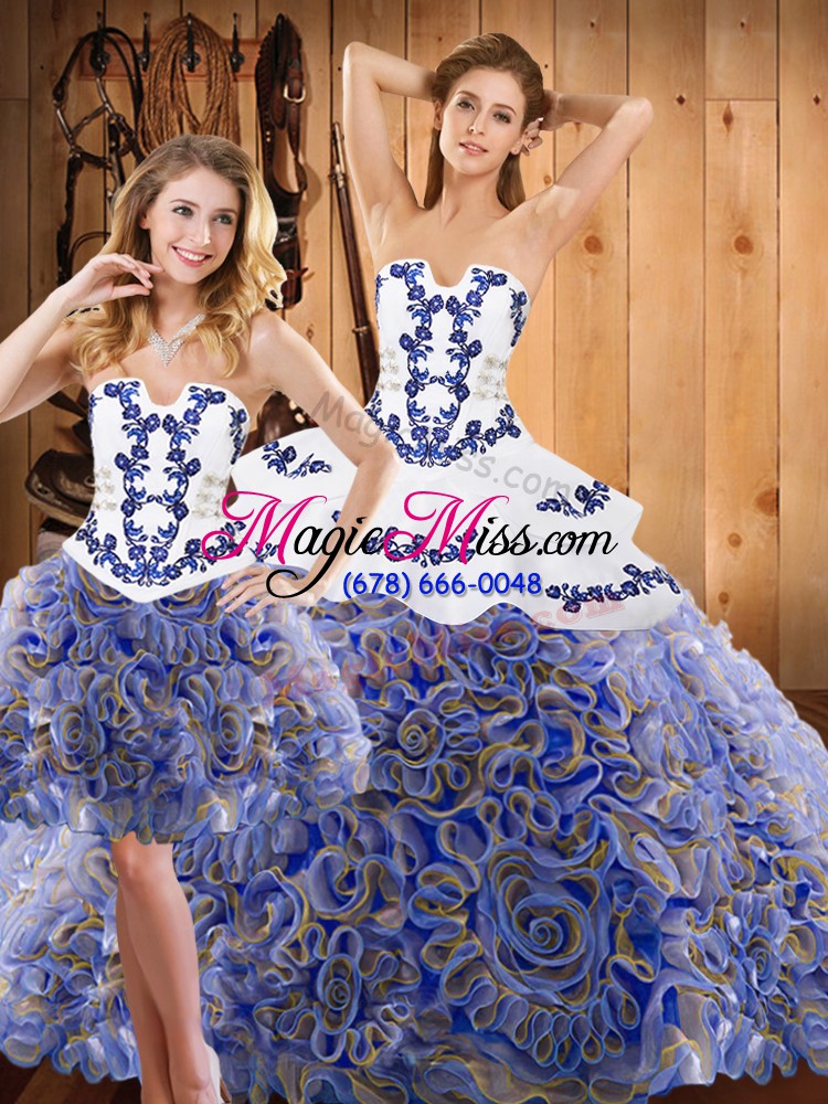 wholesale latest multi-color three pieces strapless sleeveless satin and fabric with rolling flowers with train sweep train lace up embroidery and ruffles quinceanera dresses