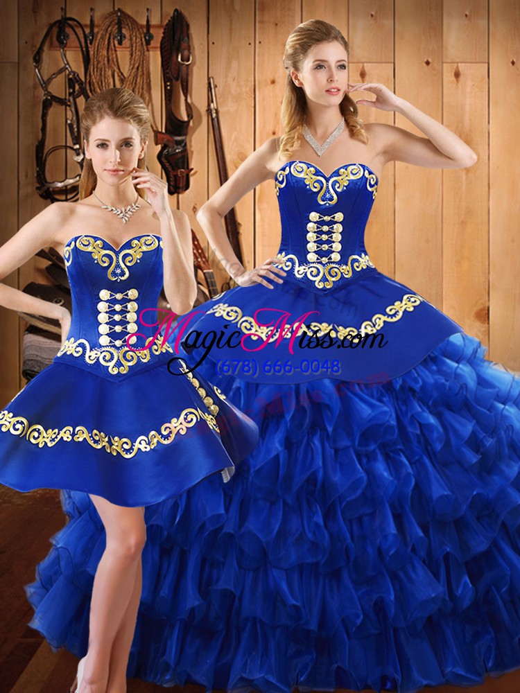 wholesale floor length lace up 15th birthday dress blue for military ball and sweet 16 and quinceanera with embroidery and ruffled layers