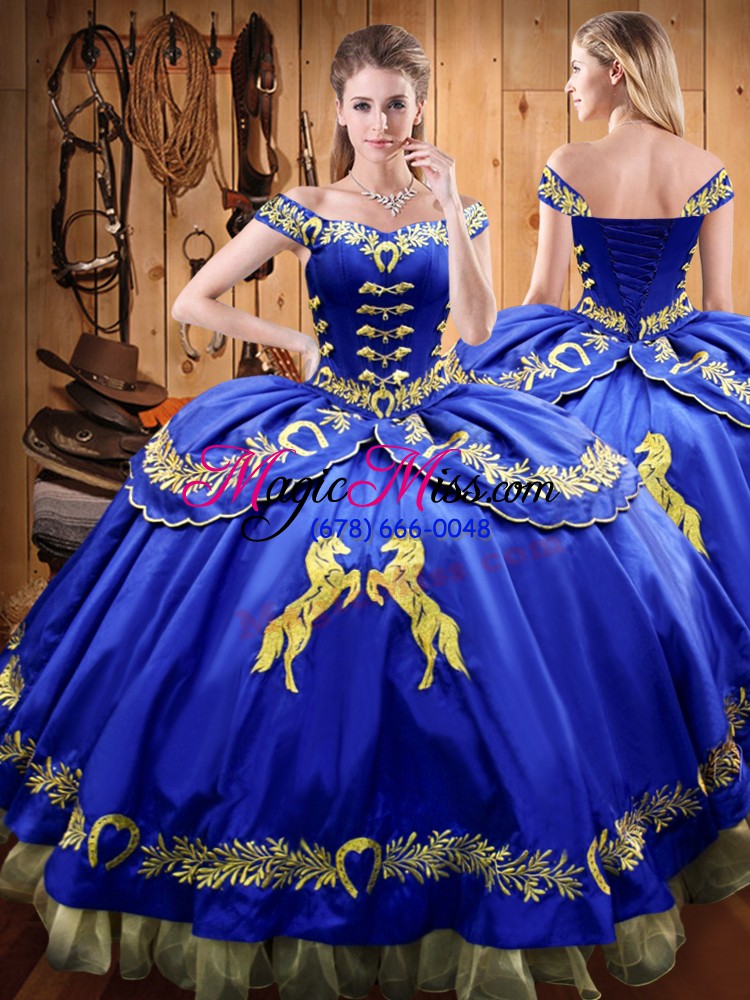 wholesale beauteous off the shoulder sleeveless quinceanera gown floor length embroidery royal blue satin and organza