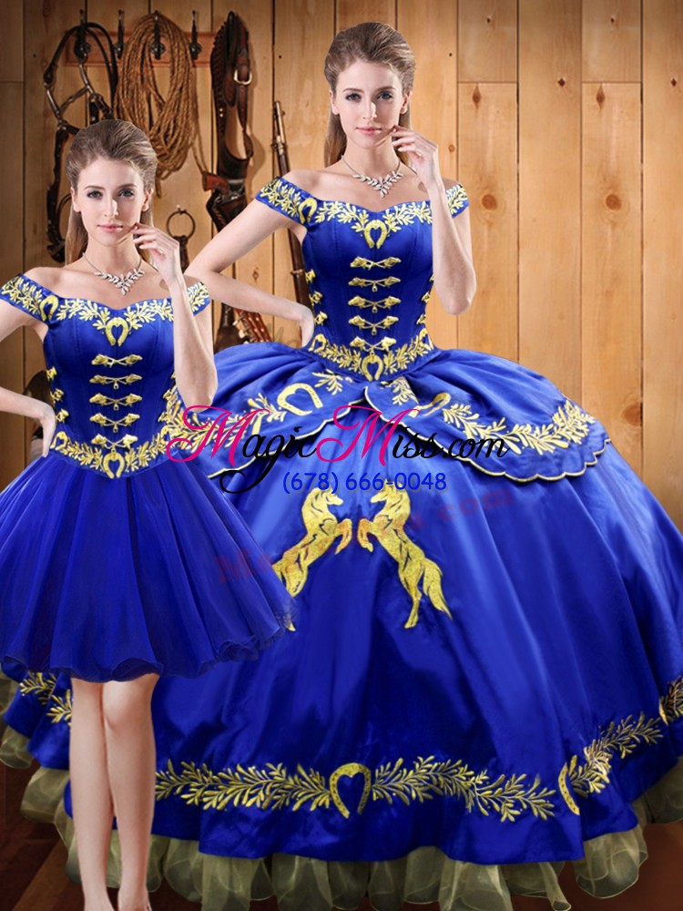 wholesale beauteous off the shoulder sleeveless quinceanera gown floor length embroidery royal blue satin and organza