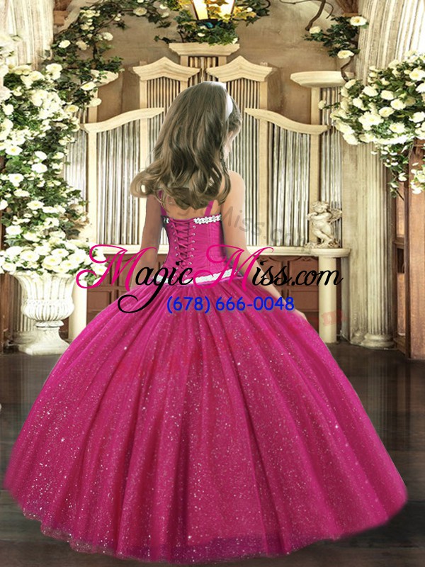 wholesale sweet straps sleeveless kids formal wear floor length appliques fuchsia tulle