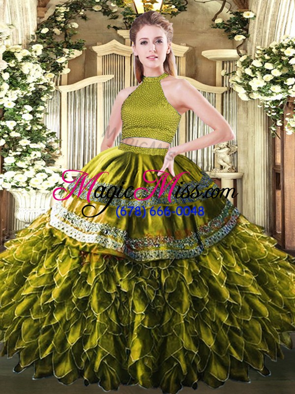 wholesale glorious beading and embroidery and ruffles quinceanera gowns olive green backless sleeveless floor length