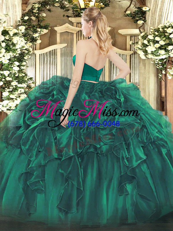 wholesale lovely halter top sleeveless sweet 16 dress floor length ruffles olive green organza