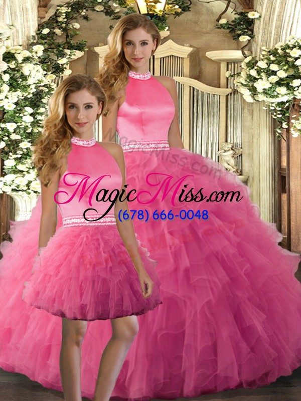 wholesale attractive hot pink backless sweet 16 dress ruffles sleeveless floor length