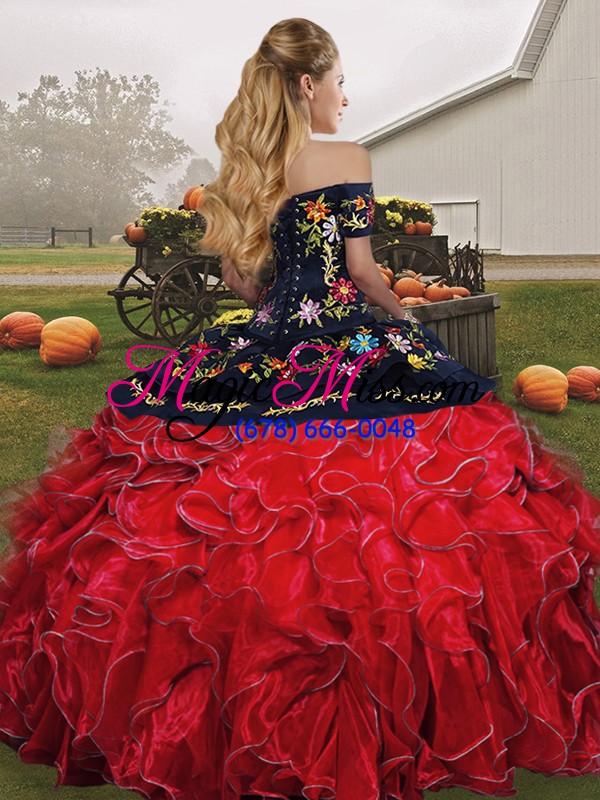 wholesale new style fuchsia off the shoulder lace up embroidery and ruffles sweet 16 dress sleeveless