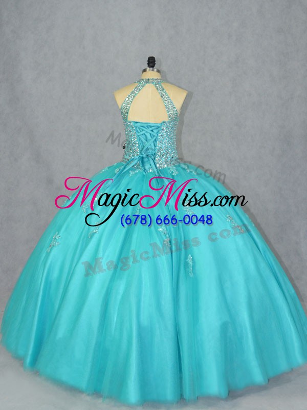 wholesale cheap halter top sleeveless tulle quinceanera gowns beading lace up