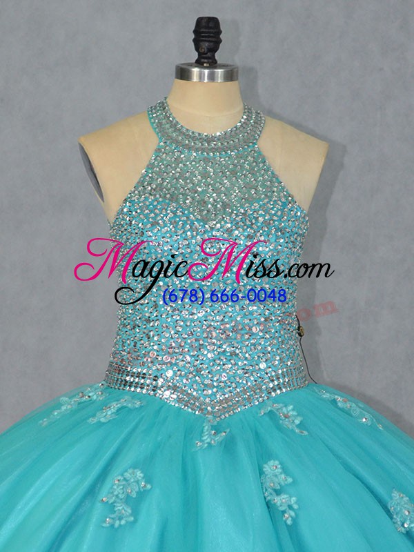 wholesale cheap halter top sleeveless tulle quinceanera gowns beading lace up