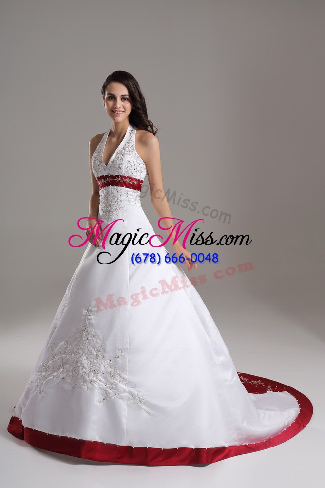 wholesale glamorous white wedding dress satin brush train sleeveless beading and embroidery