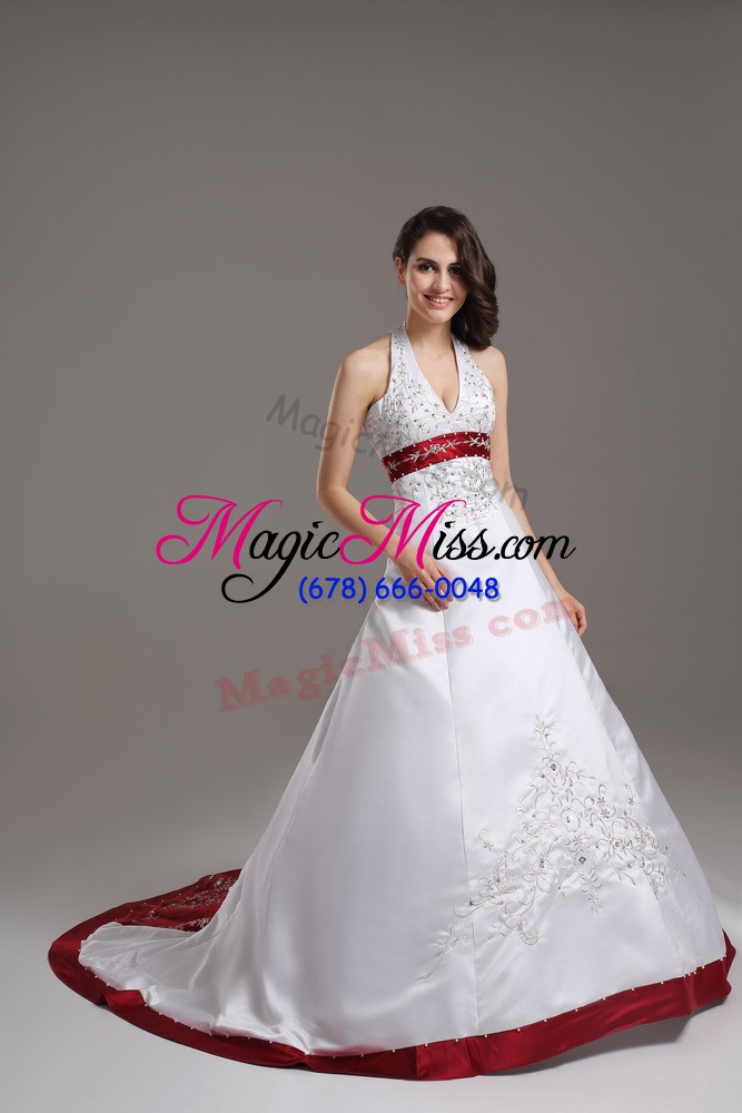 wholesale glamorous white wedding dress satin brush train sleeveless beading and embroidery