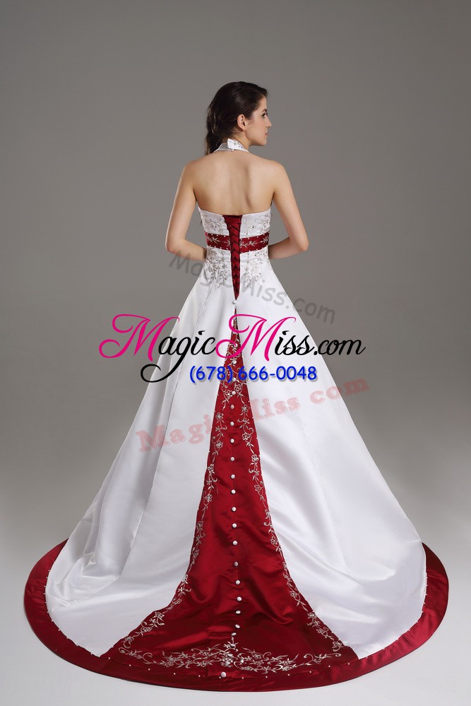 wholesale glamorous white wedding dress satin brush train sleeveless beading and embroidery