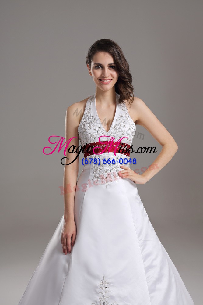 wholesale glamorous white wedding dress satin brush train sleeveless beading and embroidery