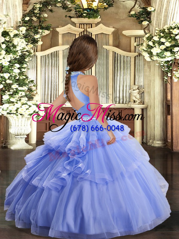 wholesale perfect lilac ball gowns high-neck sleeveless tulle floor length backless beading and appliques kids formal wear