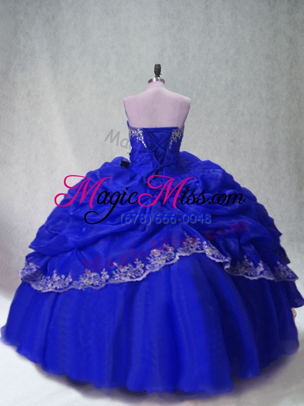 wholesale floor length royal blue 15 quinceanera dress organza sleeveless beading and appliques and pick ups