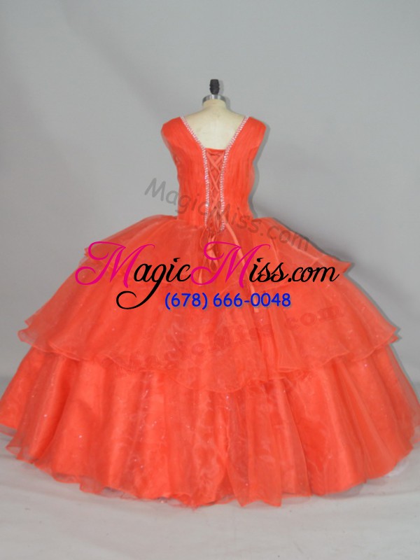 wholesale elegant orange red sleeveless floor length beading and ruffled layers lace up 15th birthday dress