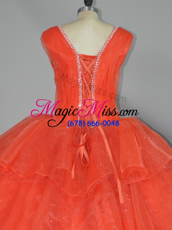 wholesale elegant orange red sleeveless floor length beading and ruffled layers lace up 15th birthday dress