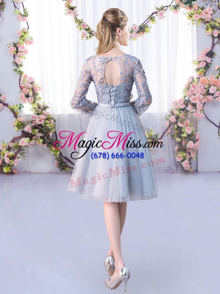 wholesale grey empire v-neck long sleeves tulle knee length lace up lace and belt bridesmaids dress