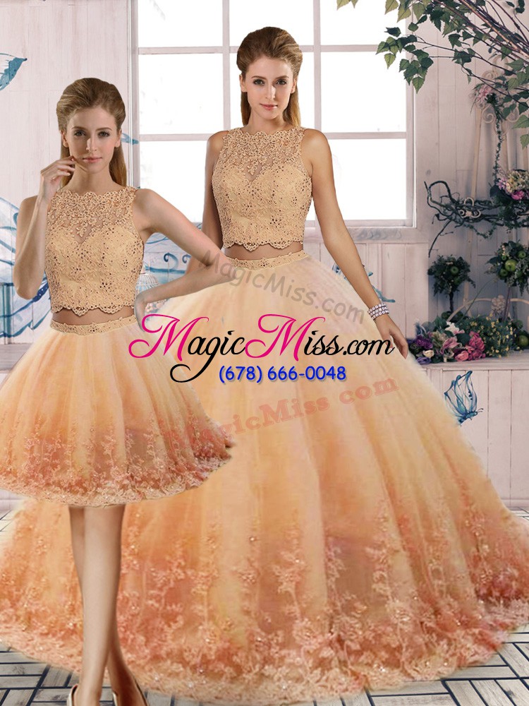 wholesale peach sweet 16 quinceanera dress military ball and sweet 16 and quinceanera with lace scalloped sleeveless sweep train backless