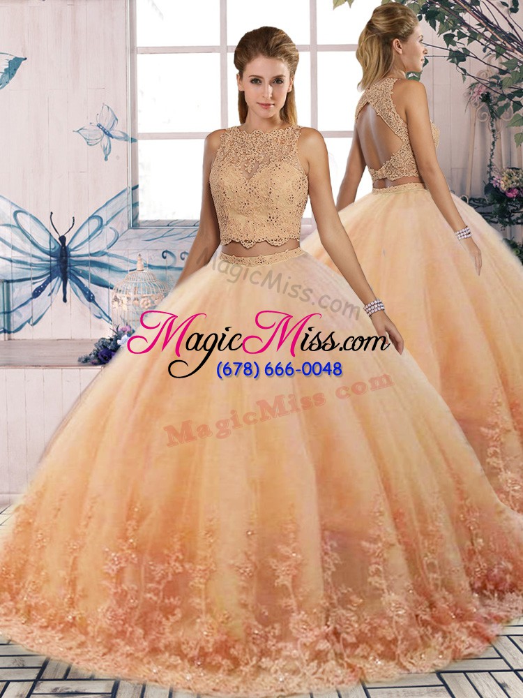 wholesale peach sweet 16 quinceanera dress military ball and sweet 16 and quinceanera with lace scalloped sleeveless sweep train backless