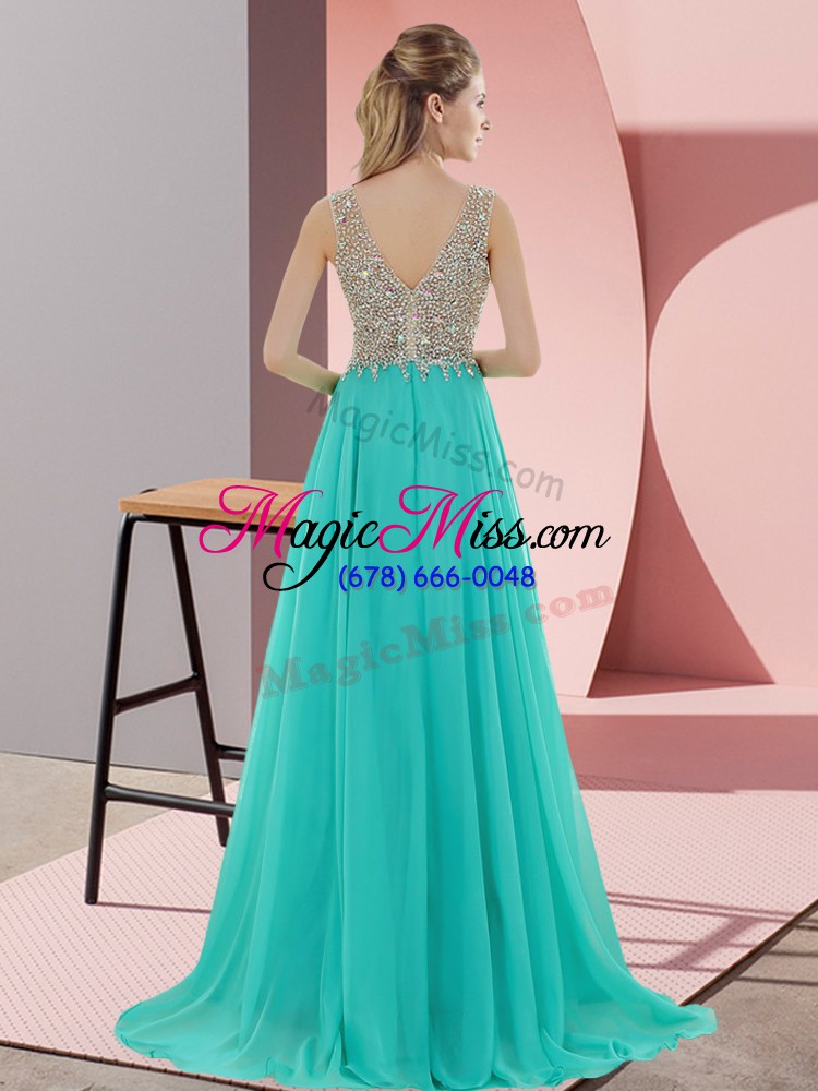 wholesale hot sale v-neck sleeveless sweep train zipper homecoming dress green chiffon