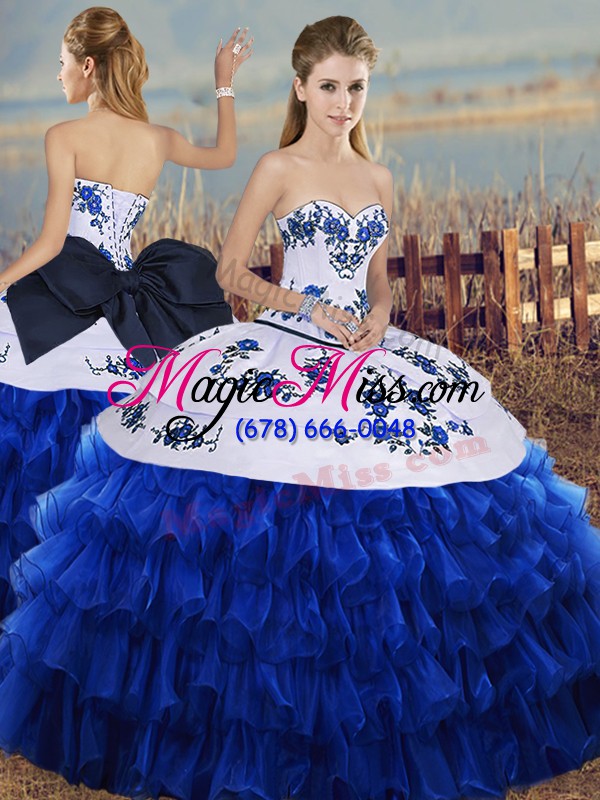 wholesale stylish embroidery and ruffled layers and bowknot quince ball gowns royal blue lace up sleeveless floor length