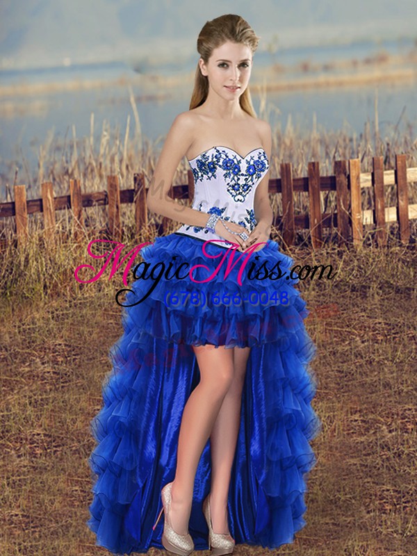 wholesale stylish embroidery and ruffled layers and bowknot quince ball gowns royal blue lace up sleeveless floor length