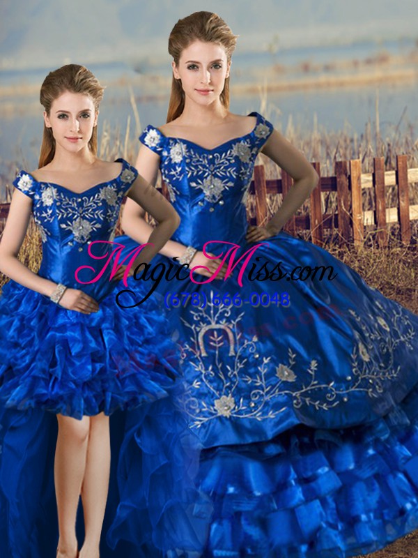 wholesale elegant off the shoulder sleeveless lace up 15th birthday dress royal blue satin and organza