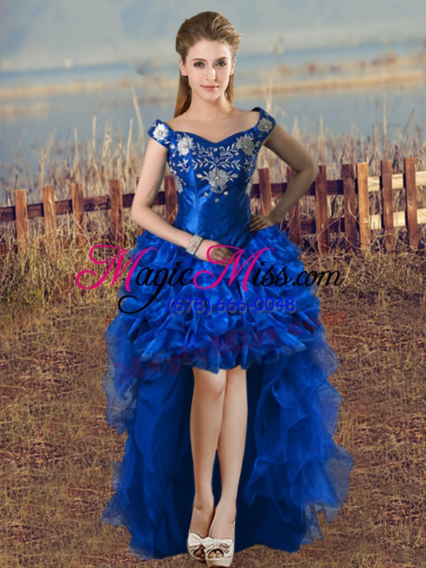 wholesale elegant off the shoulder sleeveless lace up 15th birthday dress royal blue satin and organza