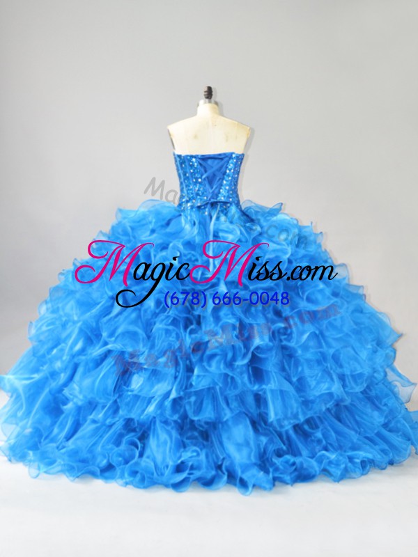 wholesale best floor length blue quinceanera gown organza sleeveless beading and ruffles and sequins