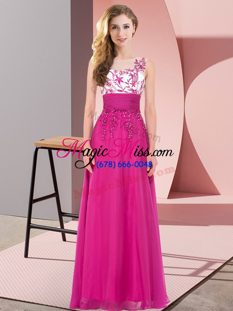 wholesale sexy floor length fuchsia quinceanera court of honor dress chiffon sleeveless appliques