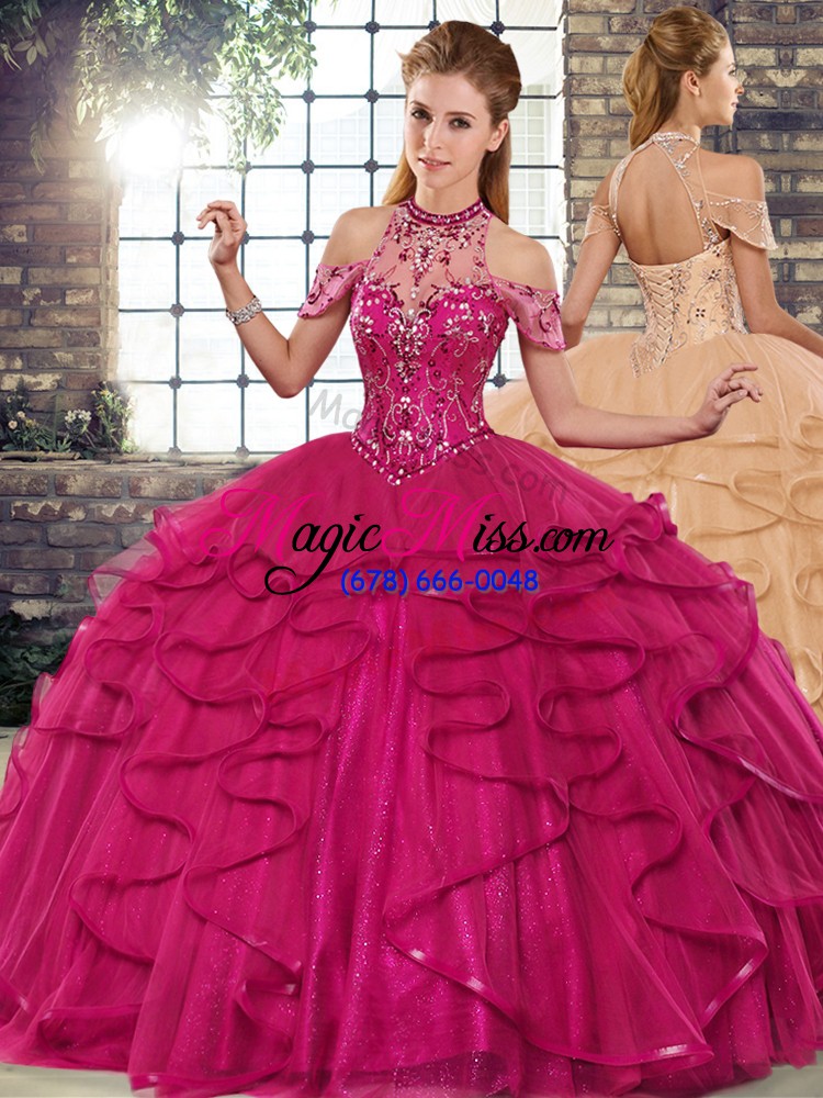 wholesale wonderful fuchsia sleeveless floor length beading and ruffles lace up quinceanera gowns