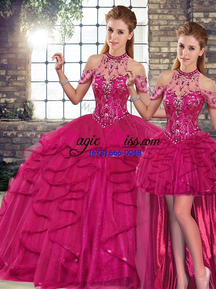 wholesale wonderful fuchsia sleeveless floor length beading and ruffles lace up quinceanera gowns