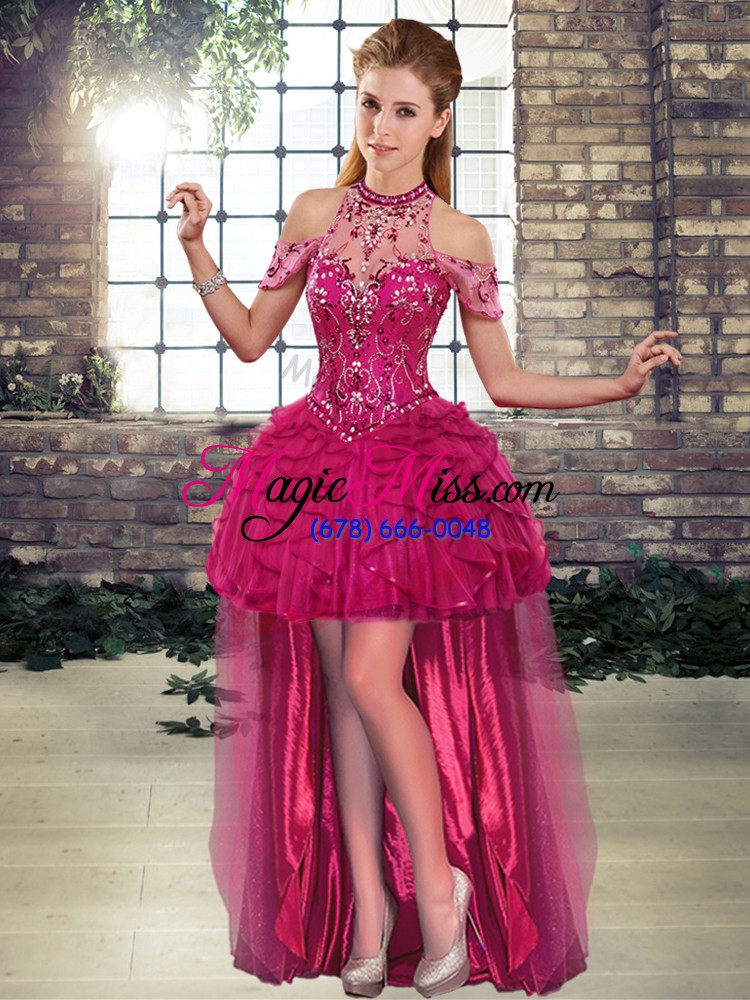 wholesale wonderful fuchsia sleeveless floor length beading and ruffles lace up quinceanera gowns