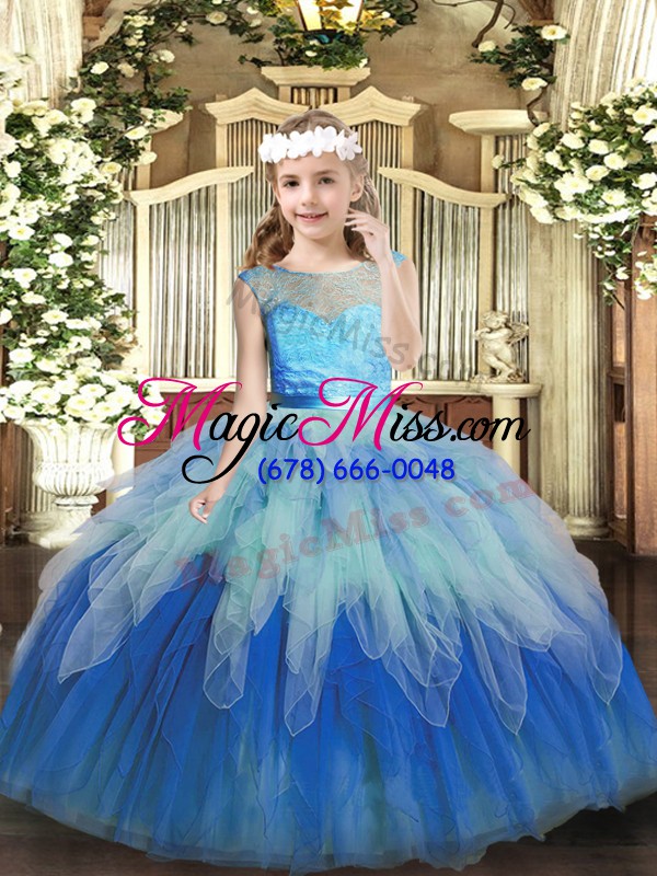 wholesale multi-color backless scoop lace and ruffles high school pageant dress tulle sleeveless