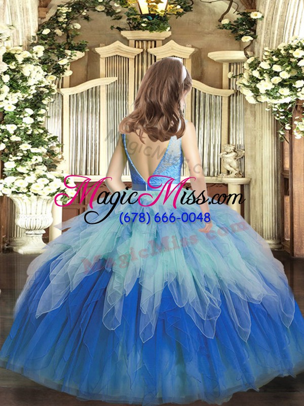 wholesale multi-color backless scoop lace and ruffles high school pageant dress tulle sleeveless