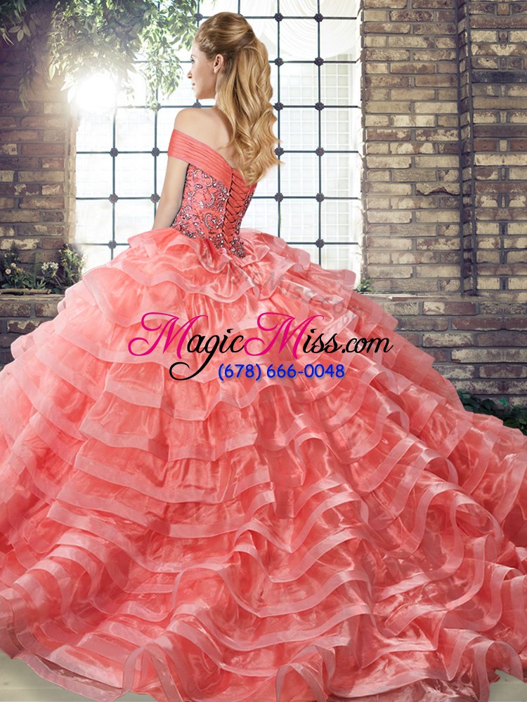 wholesale glamorous ball gowns sleeveless peach quinceanera gown brush train lace up