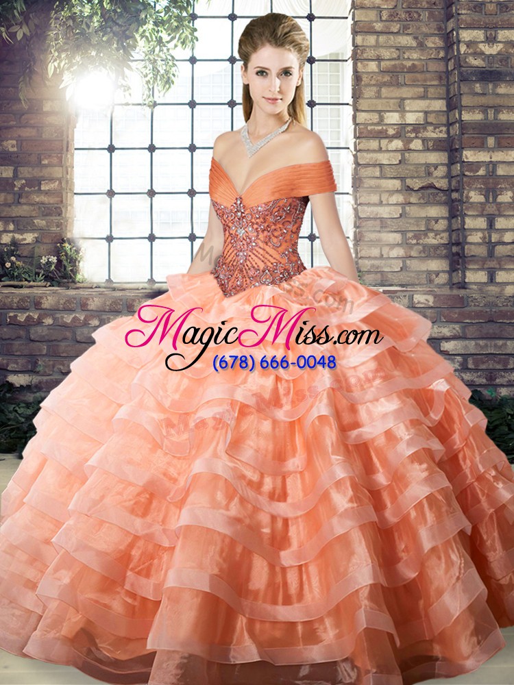 wholesale glamorous ball gowns sleeveless peach quinceanera gown brush train lace up