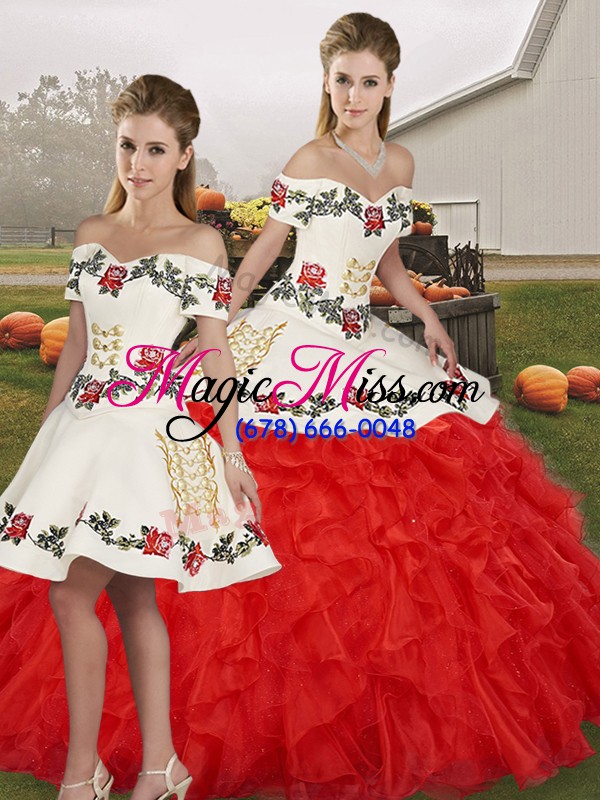 wholesale modest floor length three pieces sleeveless white and red vestidos de quinceanera lace up