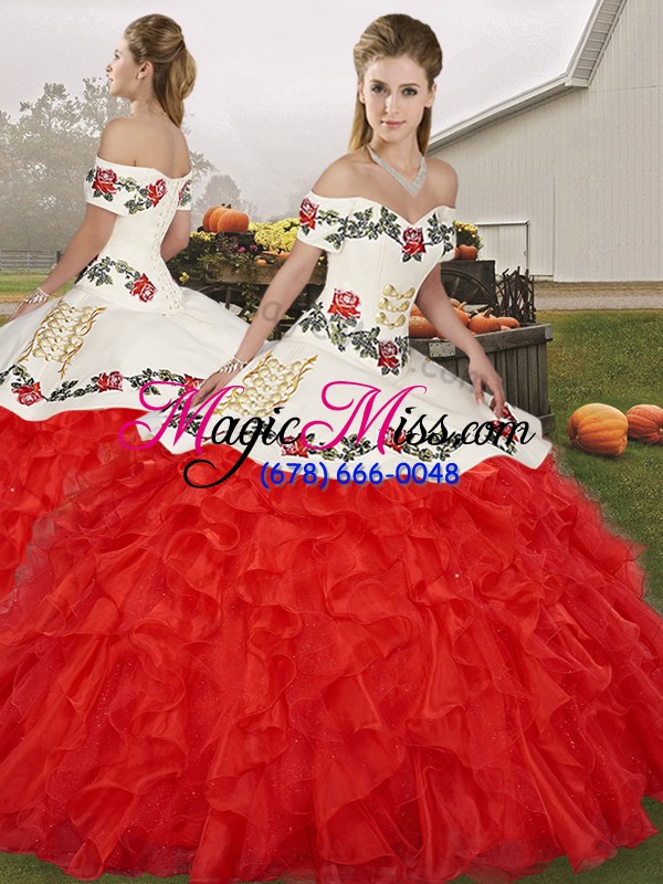 wholesale modest floor length three pieces sleeveless white and red vestidos de quinceanera lace up