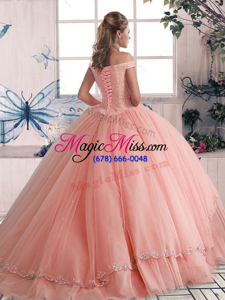 wholesale rose pink tulle lace up vestidos de quinceanera sleeveless brush train beading