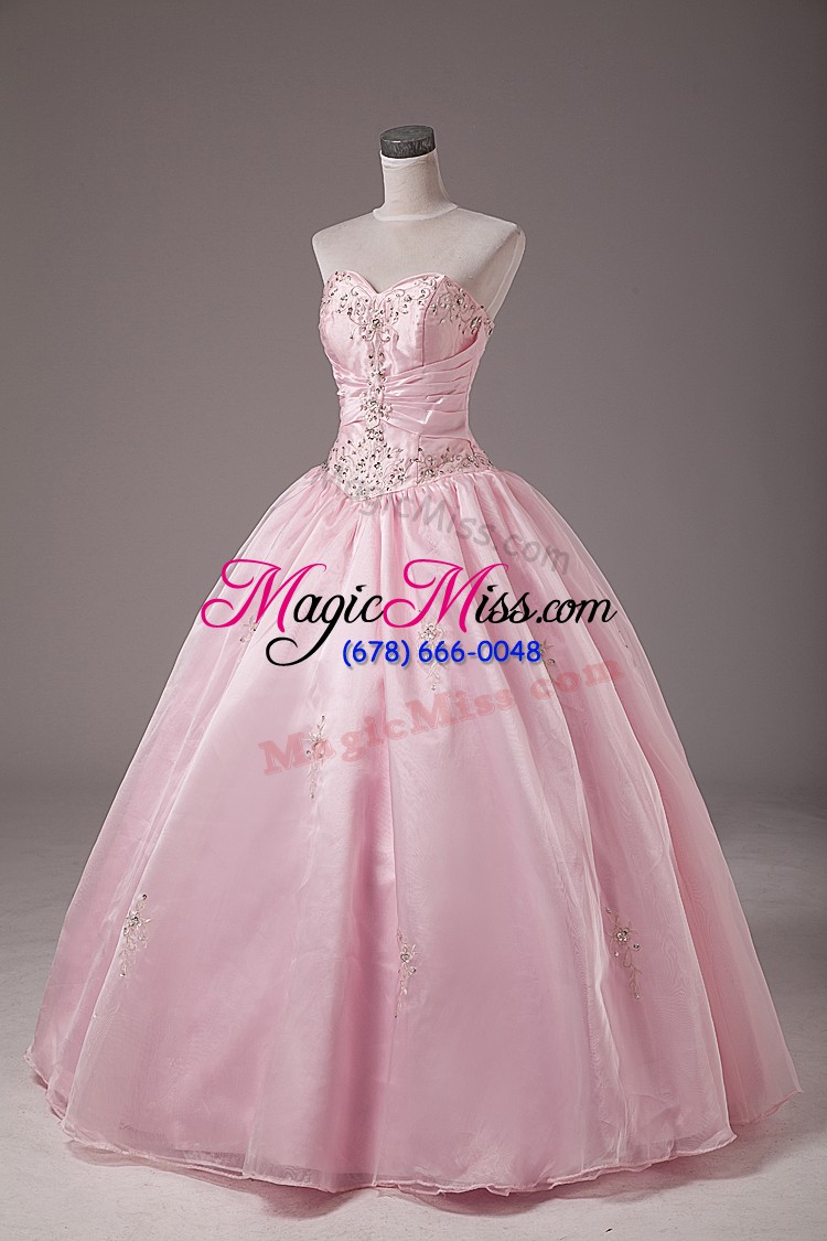 wholesale baby pink organza lace up strapless sleeveless floor length 15th birthday dress beading and embroidery