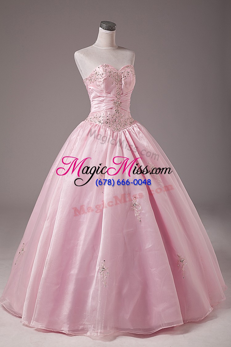 wholesale baby pink organza lace up strapless sleeveless floor length 15th birthday dress beading and embroidery